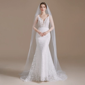 Elegant White Mermaid Wedding Dress Polyester Lace Embroidered Sexy V-Neck Backless Bridal Gown Long Train For Women