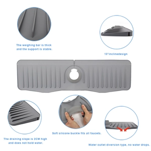 Detail view of grey silicone faucet mat showing 10-degree incline and 2cm drainage height