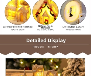 Detail of resin Christmas house with warm LED lights and ice cream shop sign decor