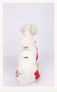 Detail of color-contrast waterproof pet raincoat with hooded design and reflective edges