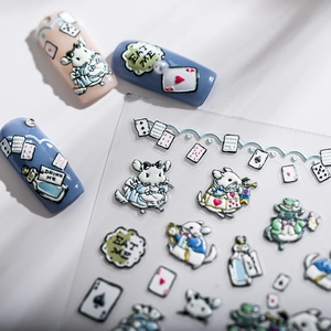 3D embossed Alice in Wonderland nail stickers with rabbit and poker card designs