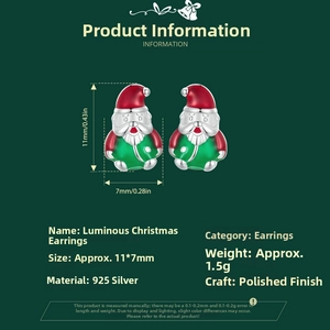 Detailed view of luminous 925 silver Santa Claus studs showing dimensions of 11x7mm
