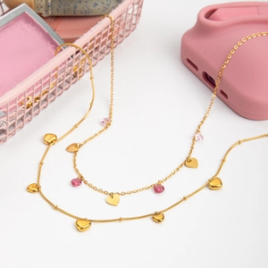 Double layer 18k gold stainless steel necklace with pink gems and heart shaped pendants