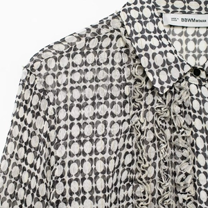 French style elegant geometric print chiffon blouse with ruffle collar and gold threads