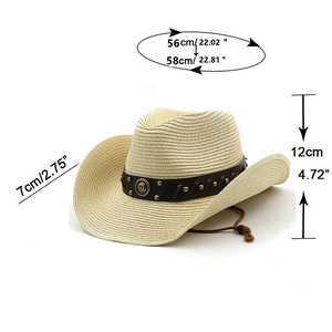 Foldable beige straw cowboy sun hat with brown leather band and adjustable chin strap