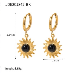 Detail showing dimensions of sunflower black onyx earrings in gold stainless steel