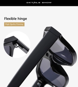 Detail of high-quality painting and flexible hinge on black oversized square sunglasses