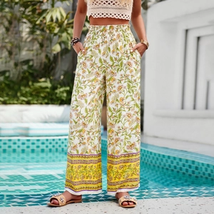 Pantalon large à imprimé fleuri pour femme avec taille élastique et motifs d'été