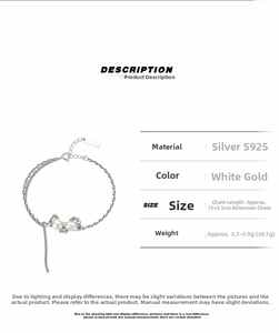 Detail showing S925 sterling silver bow bracelet measurements and 15+3.5cm chain length