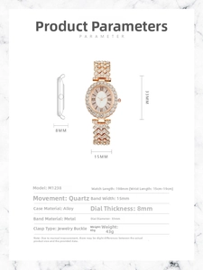 Detailed view of rose gold women watch with rhinestone bezel and size specifications