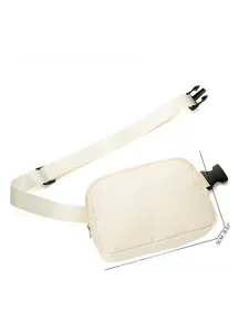 Detailed view showing product dimensions of cream sports fanny pack with black buckle strap