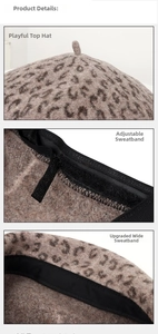 Detail view of leopard wool beret featuring adjustable inner drawstring and sweatband