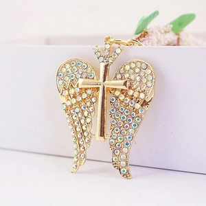 Golden crown angel wing cross keychain pendant with sparkling iridescent rhinestones