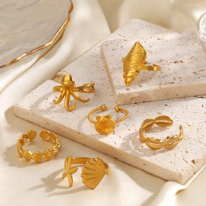 6-piece gold-plated stainless steel ocean ring set featuring starfish and octopus