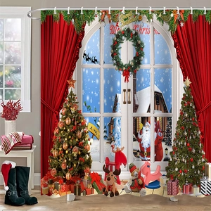 Christmas shower curtain featuring festive Santa Claus and reindeer window scene print