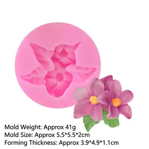 Pink flower silicone mold for DIY cake decorating with dimensions and finished product