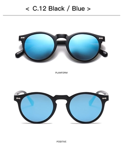 Makroansicht der runden Retro-Sonnenbrille mit schwarzem Rahmen und blauen Gläsern