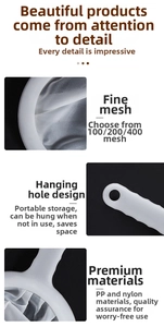 Detail view of fine nylon mesh food strainer with PP handle and hanging hole