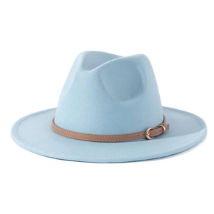 Detailed side view of a light blue wool felt fedora with brown leather band and buckle