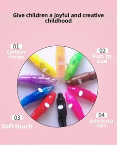 Macro detail of colorful LED magic pens with built-in UV light and vibrant plastic casing