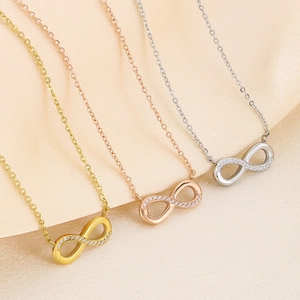 Three titanium infinity necklaces in gold, rose gold and silver finish with tiny diamonds