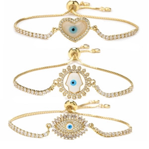 Evil Eye Bracelet Gold Plated Copper Zircon Hamsa Hand Heart Adjustable Slider Clasp Fashion Jewelry For Women