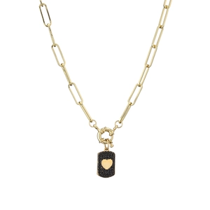 Gold paperclip chain necklace with a black micro-pave heart charm pendant