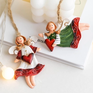 Vintage resin angel ornaments with red heart and twine rope for Christmas tree decor