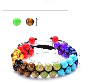 Detail of adjustable double-layer chakra bracelet with 8mm natural stone beads and rope