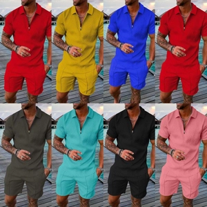 Detail of waffle knit fabric texture on men's short sleeve POLO shirt and shorts sets