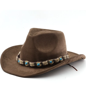 Chapeau De Cowboy Western Suédine Bord Large Bohème Ethnique Perles Turquoise Bande Tressée Vintage Soleil Hommes Femmes