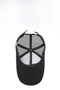 Close-up of breathable mesh fabric and sweatband on black trucker baseball cap