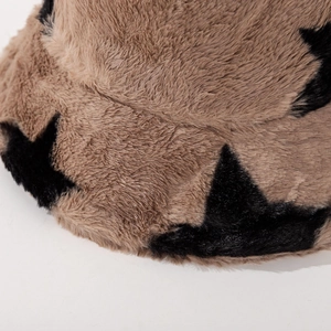 Brown faux fur bucket hat with black star patterns for autumn and winter fashion