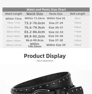 Size chart for punk rivet belt showing waist measurements and corresponding leather belt lengths