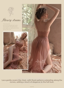 Detail of pink floral lace stitching and sheer mesh slit hem on a romantic nightgown