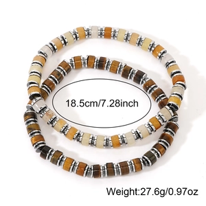 Men's natural tiger eye stone cylinder bead bracelet set with silver spacers, 7.28 inches