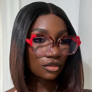 Fashion square anti-blue light glasses with red frames and tortoise shell temple arms
