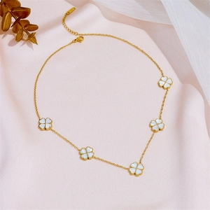 Elegant gold titanium steel necklace featuring five white clover shell pendants for women