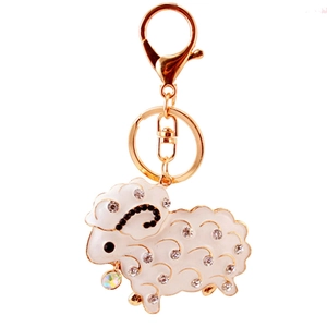 Cute white rhinestone sheep keychain with gold accents and colorful bead charm for women