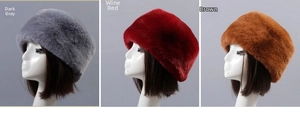 Detailed comparison of winter faux fur plush hats in dark grey, wine red, and brown colors