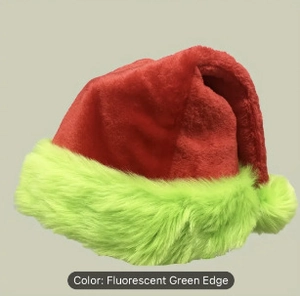 Detail of red plush Christmas hat featuring a vibrant fluorescent green faux fur trim and pompom