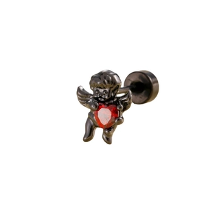 Black angel stud earring with red heart zircon and screw back on white background