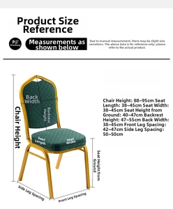 Size chart for stretch white polyester chair covers with measurements for wedding banquet chairs