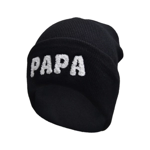 Classic black knitted beanie with white PAPA embroidered letters for winter warmth