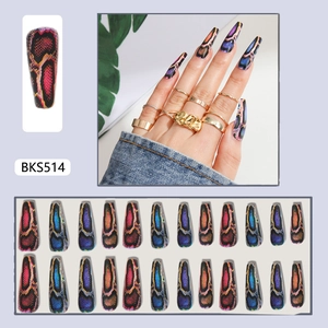 Detail of colorful snakeskin pattern fake nails set including model show and packaging