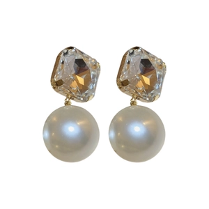 Elegant square crystal and round pearl drop earrings with gold finish on white background