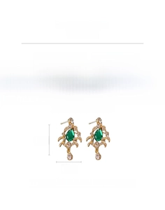 Detailed size specifications of vintage leaf drop earrings with green resin and rhinestones