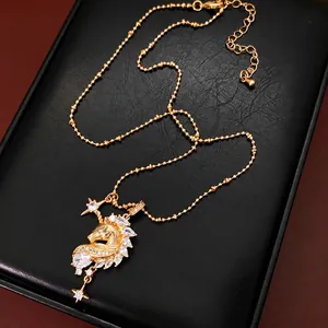 Elegant Unicorn Pendant Necklace 18K Gold Plated Copper Inlaid White Zircon Star Accents Satellite Clavicle Chain For Women