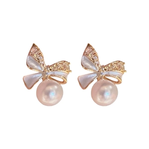Elegant bow knot pearl earrings with sparkling zircons and gold plating for women