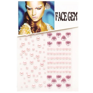 Detail shot of pink heart rhinestones and round pearls face gem sticker sheet